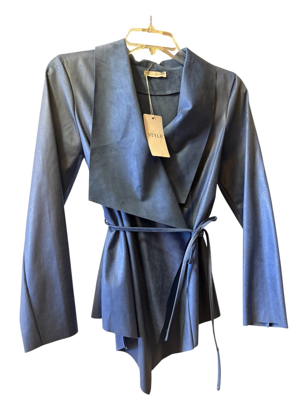NWT Women's Faux Leather Belted Jacket - cornflower blue